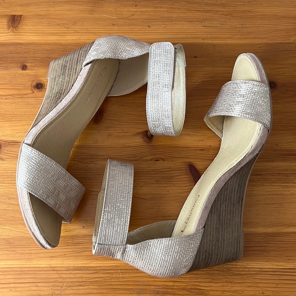 Pink metallic strappy wedge heels